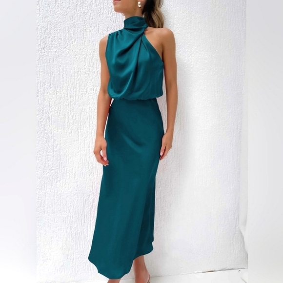 Boutique Dresses & Skirts - NEW Chic Draped Wrap Halter Neck Satin Midi Dress Teal Blue